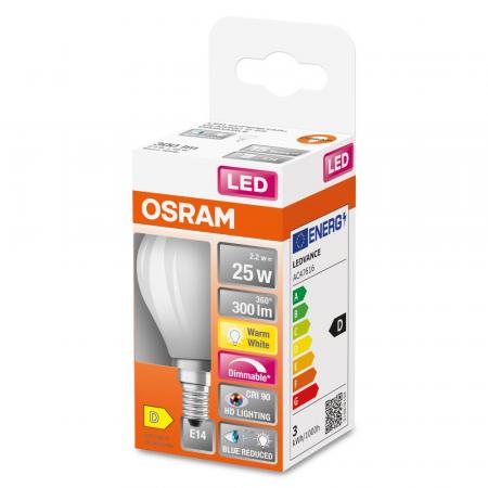 OSRAM E14 SUPERSTAR+ CLASSIC LED Tropfenlampe dimmbar 2,2W wie 25W 2700K warmweißes Licht matt hervorragende Farbwiedergabe von CRI > 90